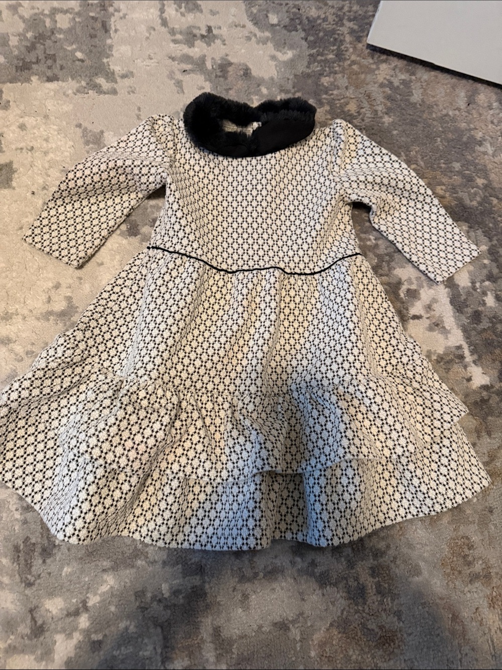Janie and Jack Cream Dress with Black Pattern and Faux Fur Collar